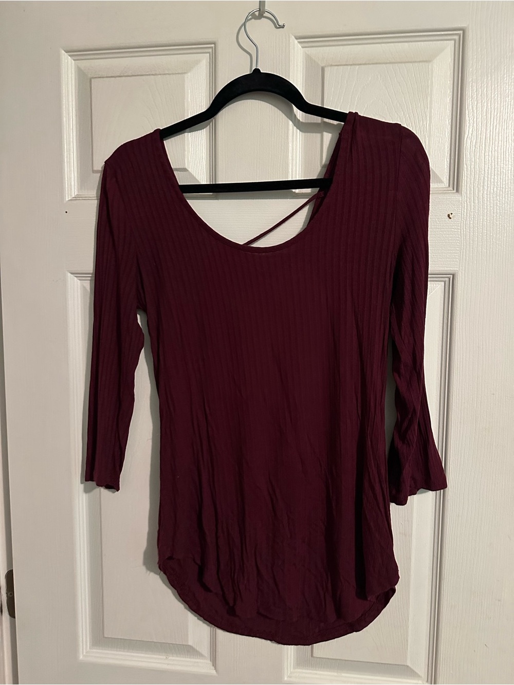 Ambience Women's Ribbed Three Quarter Length Sleeve Scoop Neck Top in Burgundy